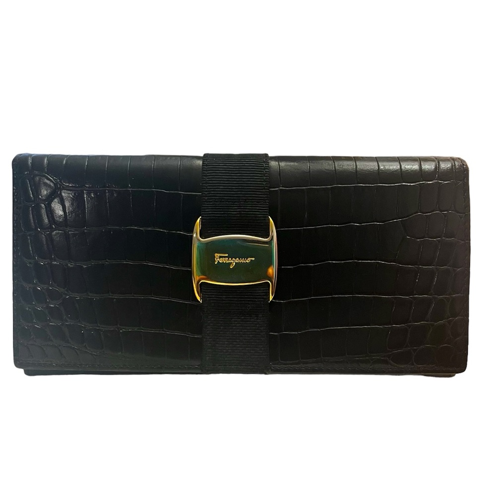 SALVATORE FERRAGAMO PURSE VARA EMBOSSING LEATHER BLACK WOMEN